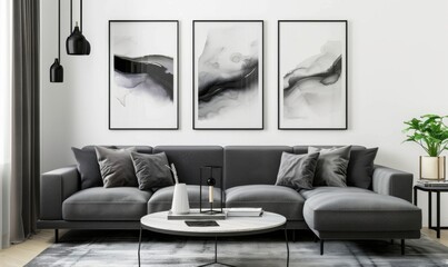 Contemporary living room displays a chic set of two picture frames adorning the wall above a gray sofa, complemented by elegant pillows and a stylish coffee table, creating a cozy atmosphere