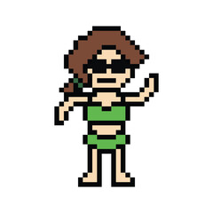 Obraz premium Cute pixel cartoon two piece character woman bikini swimming suit game summer beach vacation for decoration lifestyle female bikini 2 piece cartoon 8 bit holiday relax pixel art png vector.