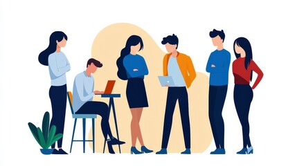 Obraz premium A toxic work environment with employees gossiping behind a colleague's back, hostility and distrust visible in their expressions