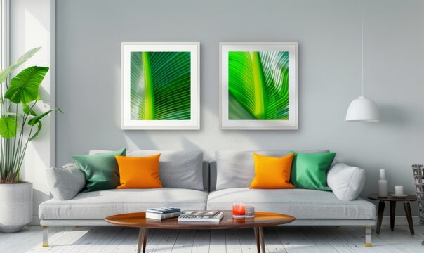 A beautifully designed living room features a set of two picture frames showcasing lush green artwork. Comfortable sofas with colorful cushions complement the modern decor