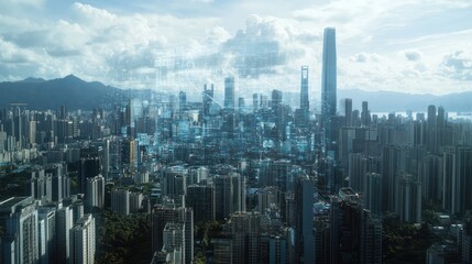 Fototapeta premium A futuristic cityscape with digital overlays showcasing technology and urban development.