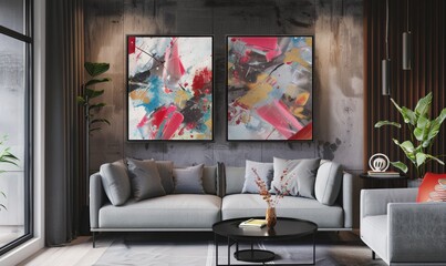 A modern living room showcases two stylish picture frames hanging on the wall, displaying vibrant abstract art. A cozy sofa invites relaxation, complementing the artistic decor