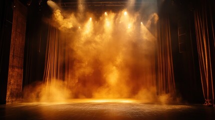 Fototapeta premium Dramatic stage with warm lighting, smoke, and curtains.