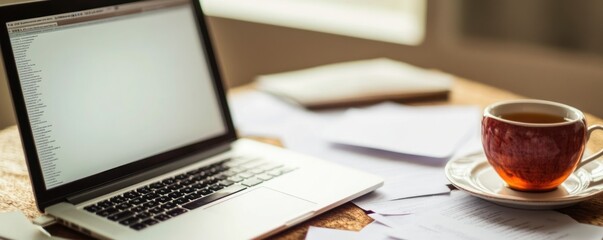 A workspace featuring a laptop, papers, and a cup of tea on a wooden table.