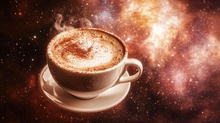 Steaming cappuccino in a cup against a cosmic backdrop.