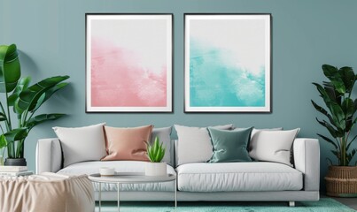 In a tastefully designed living room, a set of two picture frames showcases soft, artistic prints on a calming wall. The cozy sofa and plants create an inviting ambiance for relaxation