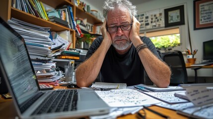 A tired businessperson sitting in a cluttered home office, unable to focus, piles of overdue work looming large
