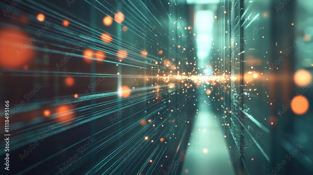 Fototapete A futuristic data center corridor with glowing particles representing digital information flow.