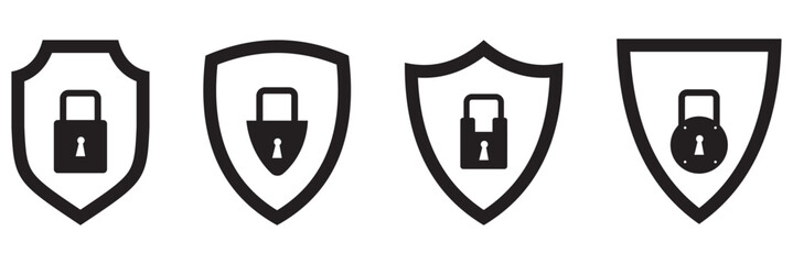 Security shield icons, security shields logotypes with check mark and padlock. Safety shield symbols. Vector illustration