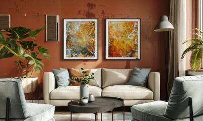 A cozy living room mockup showcases two colorful picture frames on a warm-toned wall, complemented by modern furniture and lush greenery, creating an inviting atmosphere