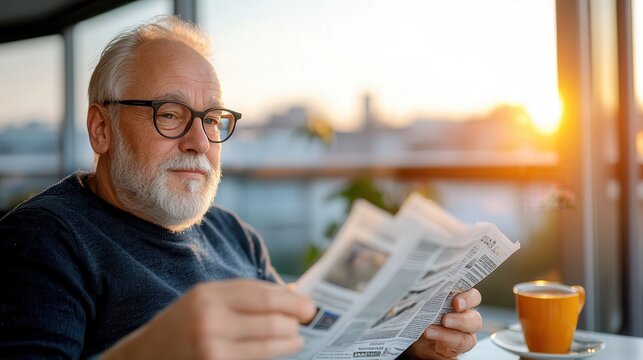 An older man with glasses enjoys reading his newspaper in a warmly lit room as the sun rises, creating a serene atmosphere filled with contentment.