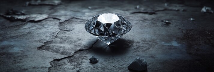Brilliant cut diamond on cracked surface with ambient lighting