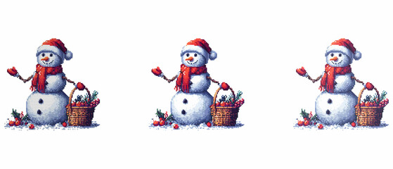 Snowman with a red hat and scarf holds a basket of berries and greenery standing on snow with scattered berries around.