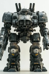Large, weathered, bipedal robot; powerful weaponry.