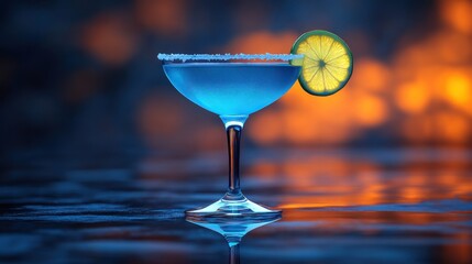 Vibrant blue cocktail with lime garnish on a reflective surface, against a warm sunset backdrop.