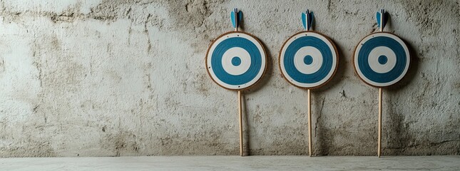 Three blue and white archery targets with arrows in the bullseye stand against a textured wall.