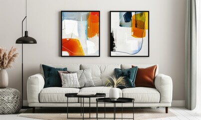 A modern living room showcases a cozy sofa adorned with colorful cushions. Above, two vibrant abstract picture frames bring life to the walls, creating an inviting atmosphere that radiates style