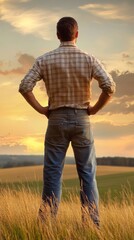 A person stands with hands on hips, admiring the breathtaking sunset. The golden fields stretch endlessly as clouds reflect the warm hues of twilight, creating a serene moment of reflection