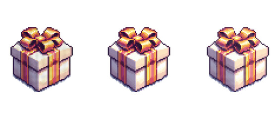 Pixel art style gift box with a large golden bow on top and golden ribbons wrapped around it.
