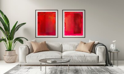 In a stylish living room, a cozy sofa adorned with cushions complements two striking picture frames on the wall. The vibrant artwork adds a pop of color, creating an inviting atmosphere