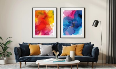 A stylish living room features a pair of colorful picture frames on the wall above a comfy sofa. Vibrant artistic prints add energy while a chic lamp and decorative cushions complete the look