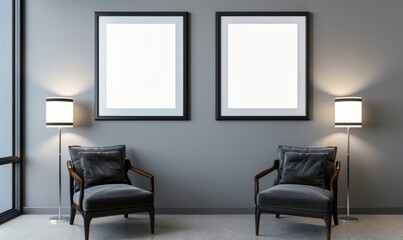 This chic living room mockup features a stylish set of two empty picture frames on a soft gray wall, accompanied by contemporary armchairs and sleek floor lamps, ideal for design inspiration