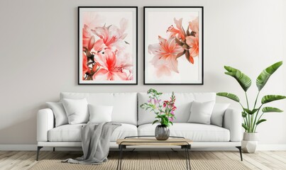 A cozy living room showcases a set of two picture frames displaying vibrant floral artwork. The modern sofa complements the artistic ambiance, creating a serene and inviting space