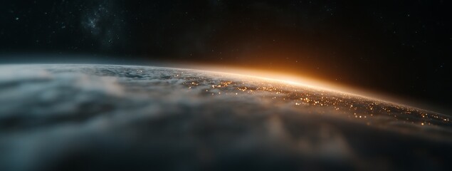 Golden sunrise over a cloudy planet, viewed from space.  A breathtaking cosmic scene.