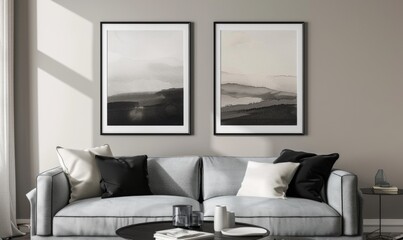This cozy living room showcases a sophisticated arrangement with two minimalist picture frames adorned with serene artwork, complemented by plush pillows and a chic coffee table