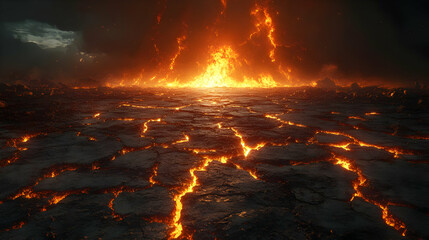 Cracked Earth With Fire and Smoke 3D Illustration