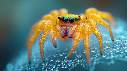 Vibrant orange jumping spider on dewy web.