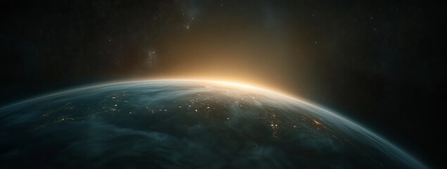 Sunrise over Earth, seen from space. A breathtaking view of our planet's curve with city lights and a warm sunrise glow.