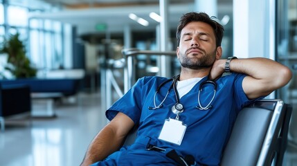 Naklejka premium A weary healthcare professional in blue medical attire takes a moment to relax amidst a busy hospital environment, highlighting the stress and importance of self-care.