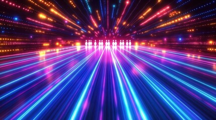 Fototapeta premium Vibrant neon light streaks converge on glowing figures in a dark tunnel.