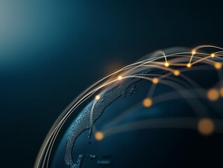 Global network connections visualized on a dark blue, textured globe.  Illuminated lines represent data flow.