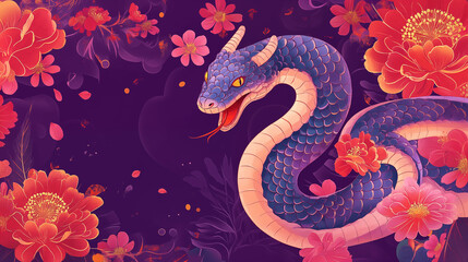 Obraz premium Chinese Year of the Snake Illustration with Vibrant Floral Design on Purple Background