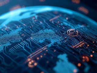 Global network connection, digital world map on a circuit board. Futuristic technology concept.