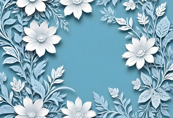 Obraz premium intricate paper cut floral design on teal background. white layered flowers with detailed leaves create depth. clean and elegant symmetrical composition with a handcrafted look.