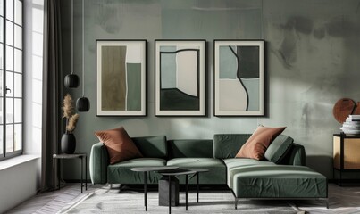 This captivating living area features a chic green sofa complemented by decorative cushions. Three artistic frames adorn the wall, adding modern flair to the inviting atmosphere
