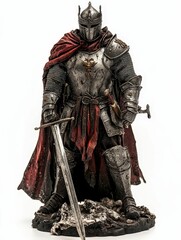 Fototapeta premium Medieval knight figurine, armored, sword, cape.