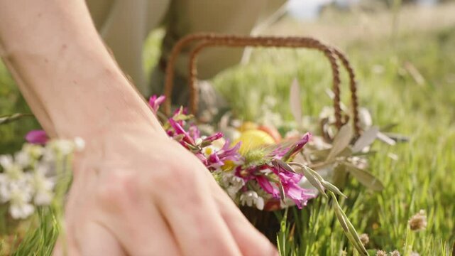 Close-Up of a Woman's Hand Placing a Colorful Easter Egg Into a Basket Adorned with Flowers in a Grassy Field. Slow motion.