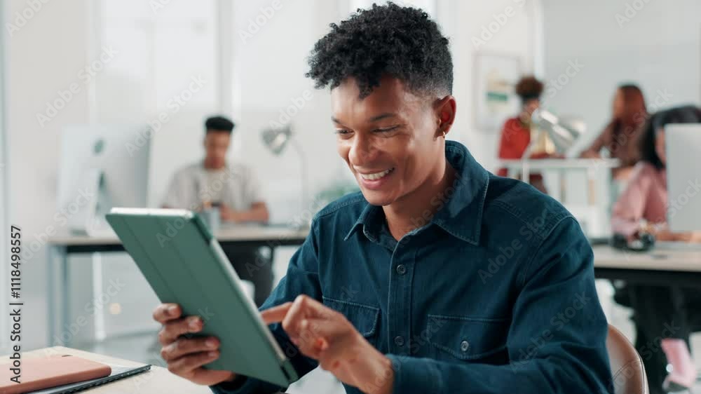 Poster Happy, coworking and man with tablet, research and excited for programming tutorial, online and digital. Creative, scroll and planning for project, app and software engineer for ecommerce in office