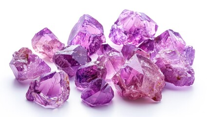 Closeup of a cluster of beautiful shimmering violet amethyst crystal geodes on a plain white background  The natural raw crystals have a translucent glittering texture and an elegant