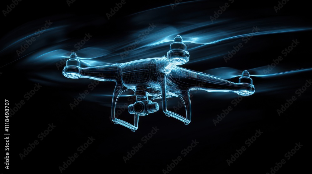 Poster A glowing drone captured in a dynamic, futuristic style against a dark background.