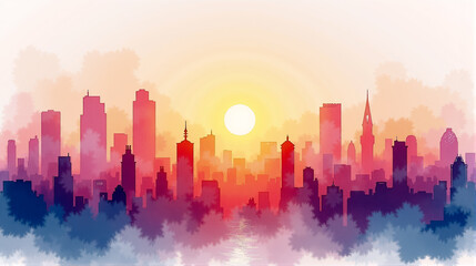 Fototapeta premium Colorful watercolor skyline at sunset with silhouettes of iconic buildings in a vibrant city