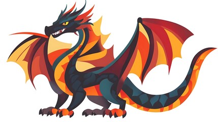 Dragon illustration in flat minimalist style with bold vibrant colors on white background.
