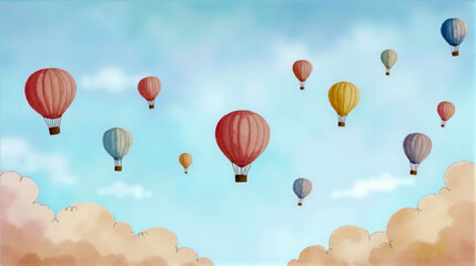 Fototapeta premium Colorful hot air balloons soaring in a bright blue sky with fluffy clouds during a serene day