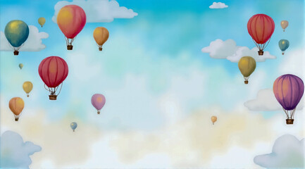 Obraz premium Colorful hot air balloons soaring in a bright blue sky with fluffy clouds during a serene day