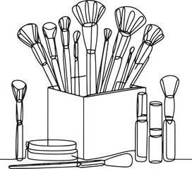 Minimalist Line Drawing of Makeup Brushes in a Box on White Background - Elegant Art Illustration