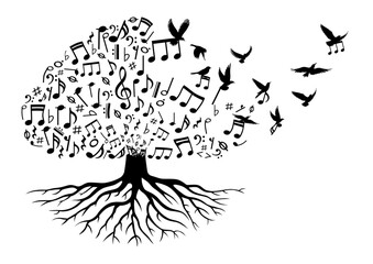Tree with music note, music tree with flying musical notes, music note with birds flying